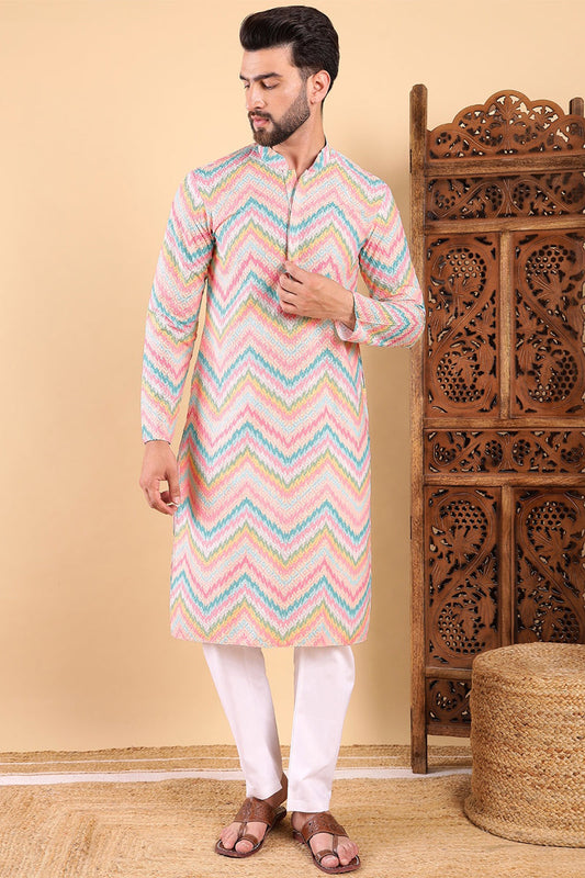 Teal Viscose Rayon Chevron Printed Straight Kurta with Trousers MKSET1008TIL
