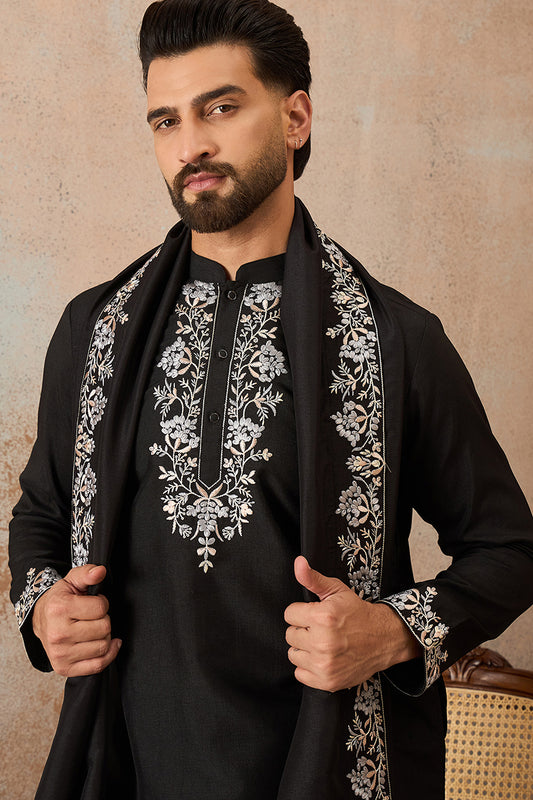 Ethnic Bay Mens Black Silk Blend Solid Embroidered Kurta With Dupatta MKUD1043