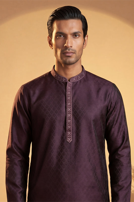 Ethnic Bay Mens Purple Silk Blend Woven Design Straight Kurta MKU1835
