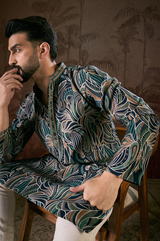 Navy Blue Silk Blend Abstract Printed Straight Kurta With Trouser MKSET1958