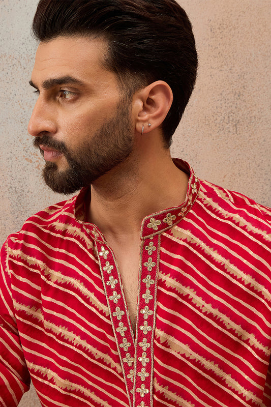 Ethnic Bay Mens Pink Viscose Rayon Leheriya Printed Kurta MKU2760