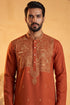 Ethnic Bay Mens Orange Silk Blend Solid Emboidered Straight Kurta MKU2372