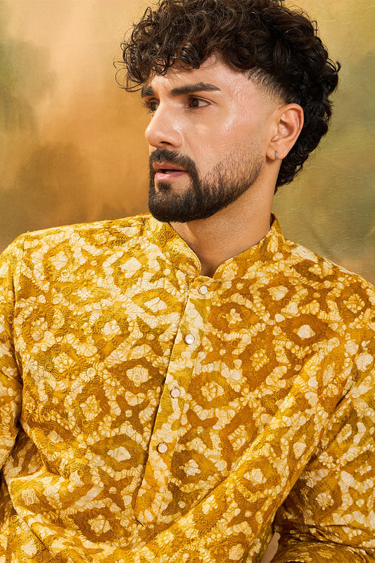 Yellow Pure Cotton Shibori Embroidered Straight Kurta with Trouser MKSET1462