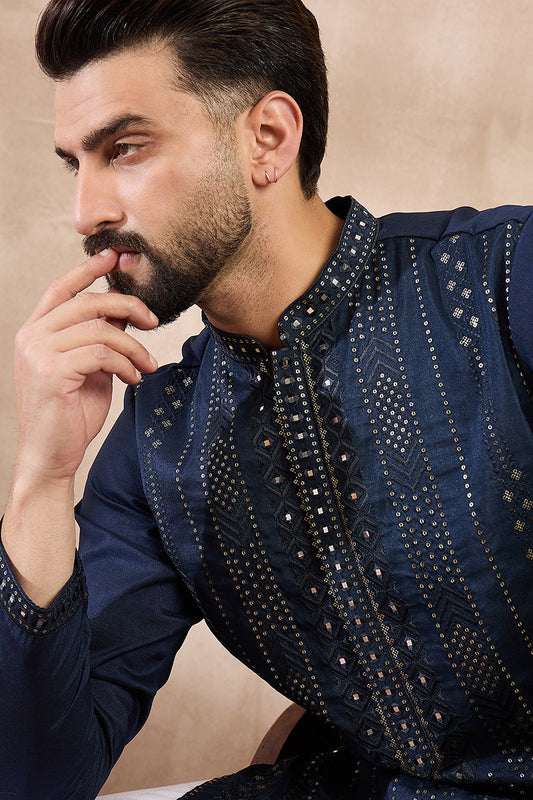Blue Silk Blend Geometric Embroidered Straight Kurta MKU1890