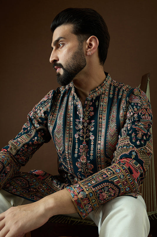 Teal Georgette Solid Embroidered Straight Kurta MKU1568