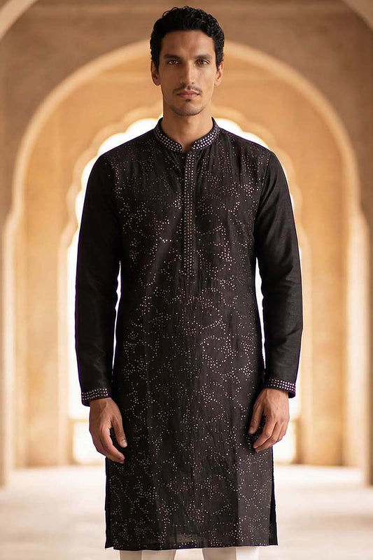 Ethnic Bay Silk Blend Black Solid Embroidered Calf Length Straight Kurta With Trousers MKSET2128