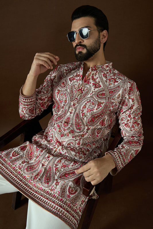 Off White Georgette Solid Embroidered Straight Kurta Set MKSET1866