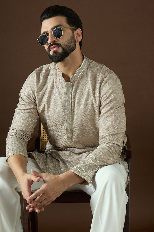 Beige Gerogrtte Solid Embroidered Straight Kurta MKU1875