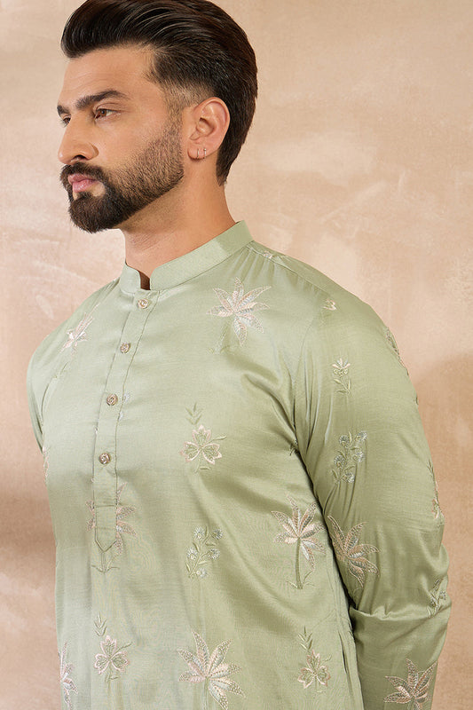 Olive Silk Blend Solid Embroidered Straight Kurta With Trouser MKSET1682