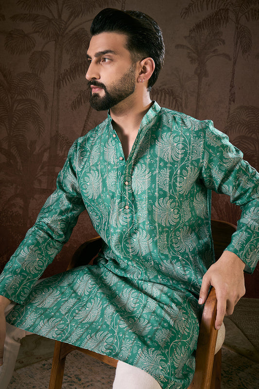 Teal Silk Blend Floral Printed Straight Kurta With Trouser MKSET1971