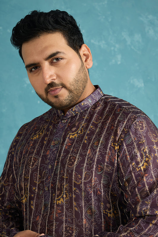Ethnic Bay Mens Violet Silk Blend Ethnic Motifs Zari Printed Kurta MKU1954