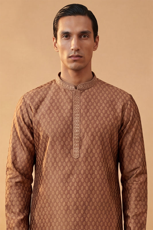 Ethnic Bay Mens Brown Jacquard Woven Design Straight Kurta MKU2343