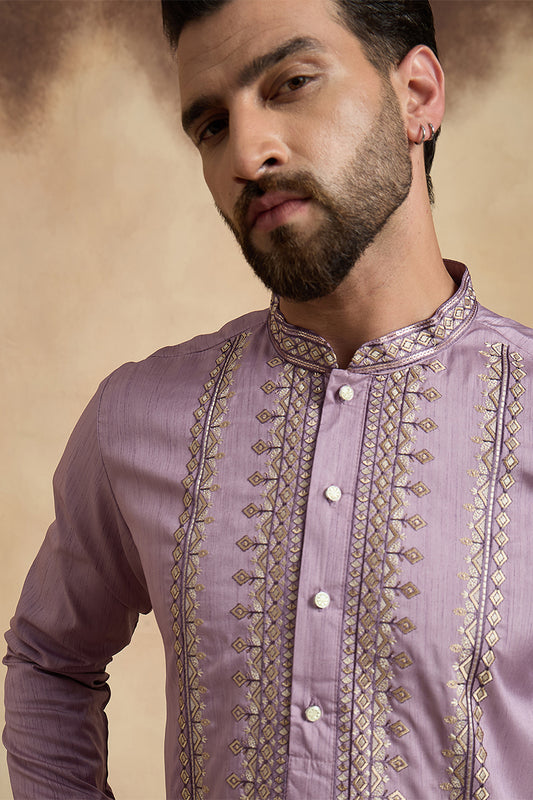Ethnic Bay Mens Lavender Silk Blend Solid Embroidered Straight Kurta With Trouser MKSET2527