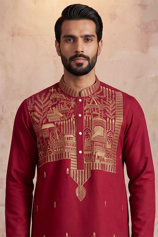 Ethnic Bay Mens Red Silk Blend Solid Emboidered Straight Kurta MKU2375