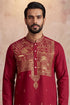Ethnic Bay Mens Red Silk Blend Solid Emboidered Straight Kurta MKU2375