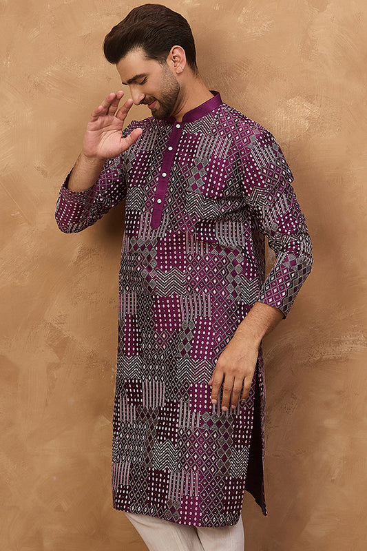 Purple Silk Blend Geometric Printed Straight Kurta With Pant Set MKSET1529