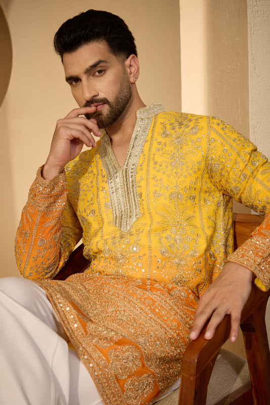 Ethnic Bay Yellow Georgette Solid Embroidered V-Neck Kurta MKU2585