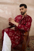 Red Silk Blend Printed Mandarin Collar Straight Kurta With Trouser MKSET1988