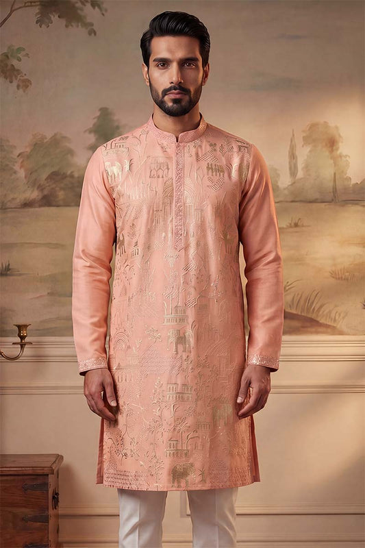 Ethnic Bay Mens Peach Viscose Rayon Solid Embroidered Kurta MKU2092