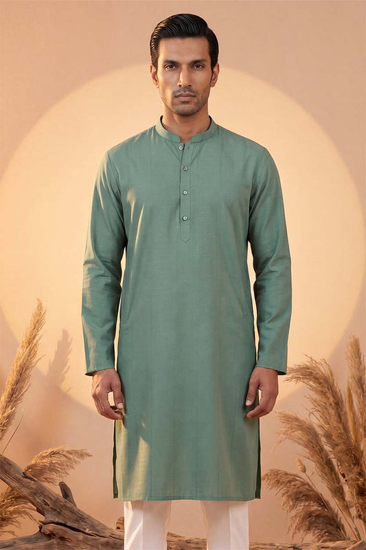 Ethnic Bay Mens Green Silk Blend Solid Solid Kurta With Trousers MKSET2221