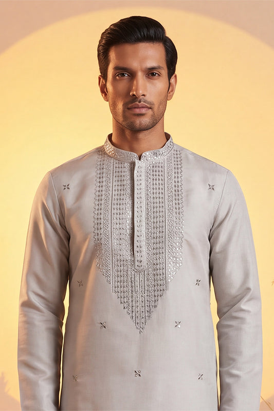Ethnic Bay Mens Grey Silk Blend Solid Emboidered Sequins Kurta With Trouser MKSET2280