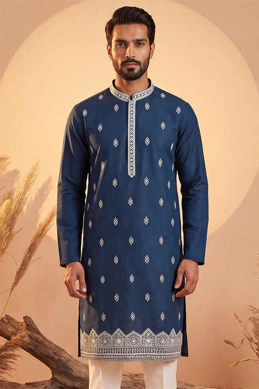 Ethnic Bay Silk Blend Blue Solid Embroidered Calf Length Straight Kurta With Trousers MKSET2274