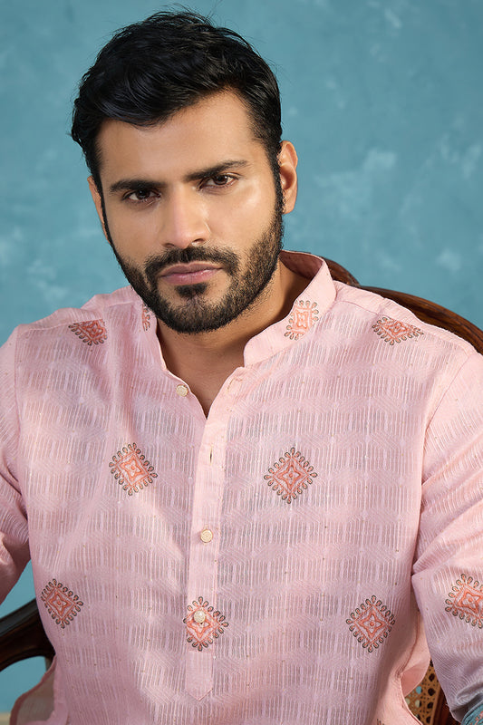 Ethnic Bay Mens Peach Silk Blend Woven Design Calf Length Straight Regular Kurta With Trouser MKSET2348