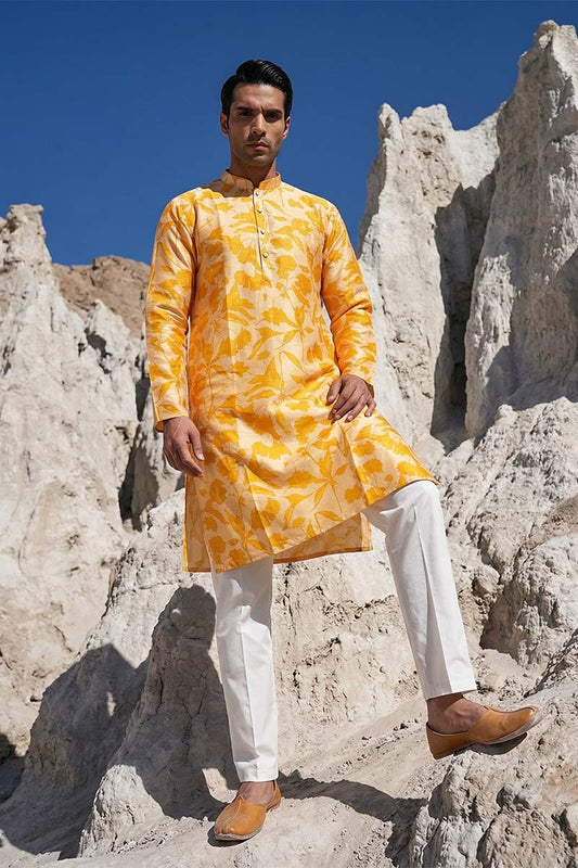 Ethnic Bay Yellow Silk Blend Printed Straight Kurta With Trousers MKSET2167