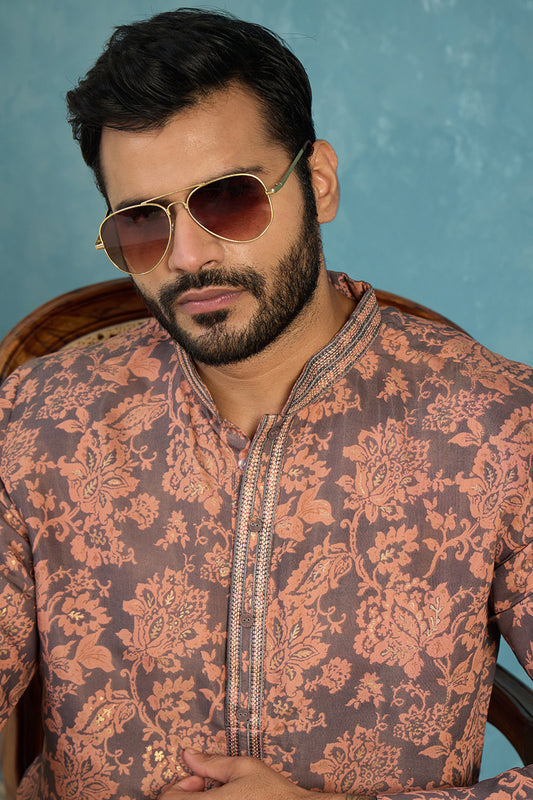 Ethnic Bay Mens Grey Modal Floral Printed Calf Length Straight Regular Kurta With Trouser MKSET1980