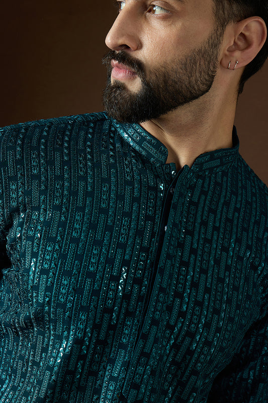 Teal Georgette Solid Embroidered Straight Kurta MKU1580