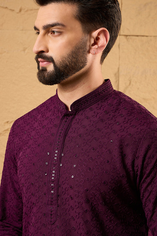 Ethnic Bay Wine Viscose Rayon Embroidered Straight Kurta With Trousers MKSET1189
