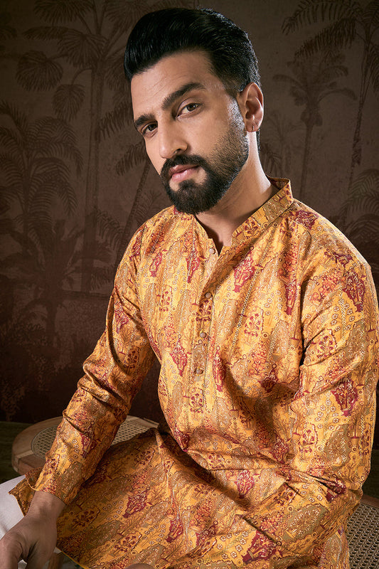 Mustard Silk Blend Ethnic Motifs Printed Straight Kurta With Trouser MKSET1925