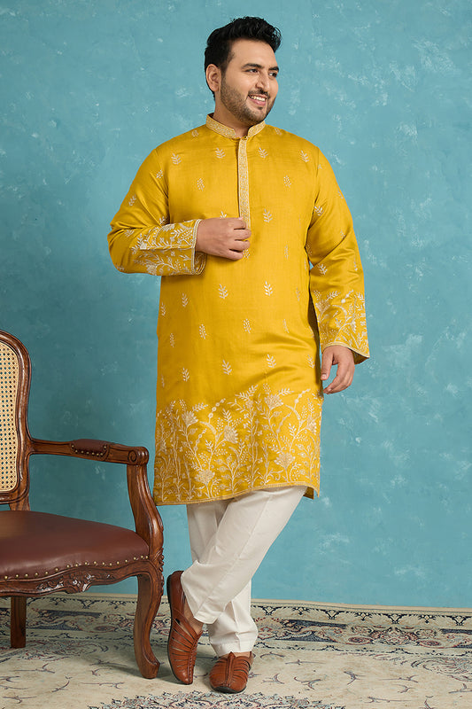 Ethnic Bay Mens Yellow Silk Blend Solid Thread Work Embroidered Kurta MKU1314