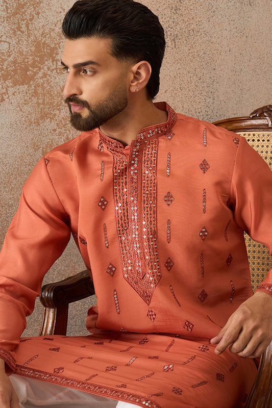 Ethnic Bay Mens Orange Silk Blend Solid Embroidered Kurta With Trouser MKSET2258