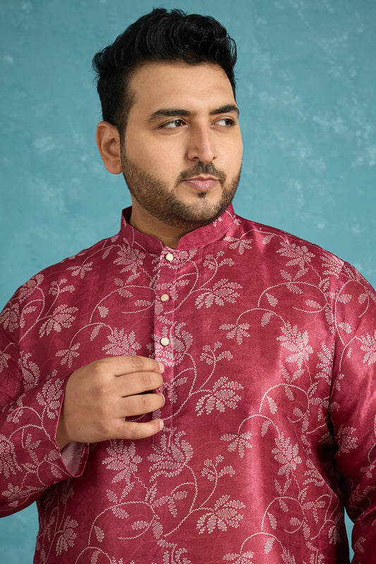 Ethnic Bay Mens Maroon Silk Blend Floral Printed Kurta MKU1975
