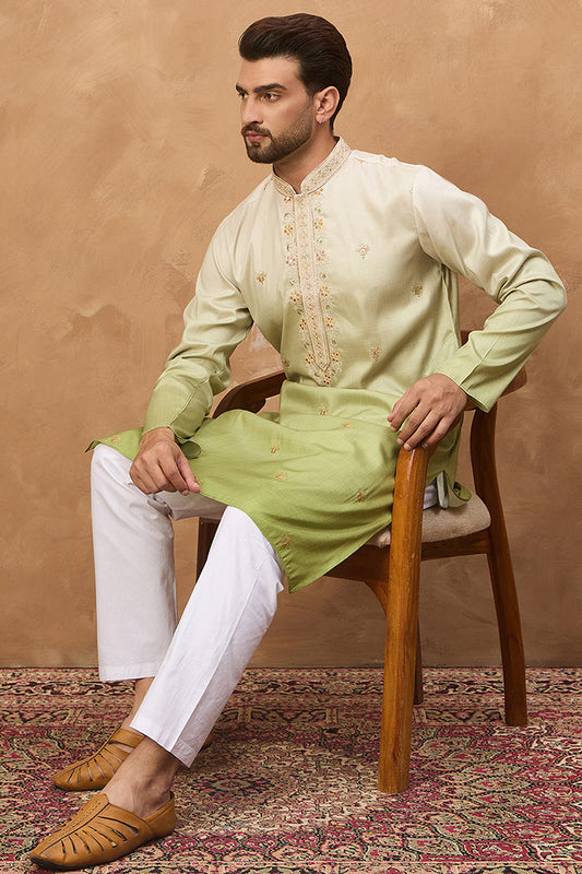 Green Silk Blend Solid Embroidered Straight Kurta MKU1488