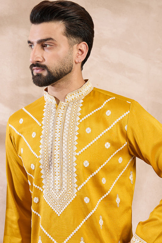 Yellow Silk Blend Ethnic Motifs Embroidered Straight Kurta With Trouser MKSET1790