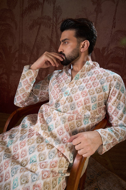 White Silk Blend Ethnic Motifs Printed Straight Kurta With Trouser MKSET1924