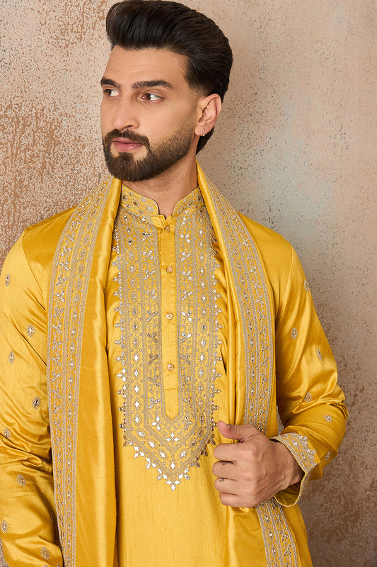 Ethnic Bay Mens Yellow Silk Blend Solid Embroidered Kurta With Dupatta MKUD1026