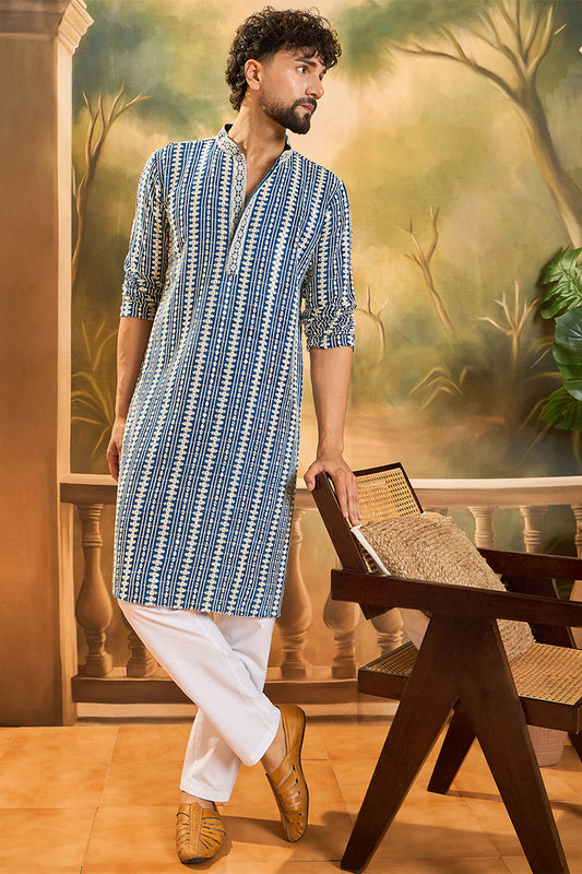 Ethnic Bay Blue Viscose Rayon Embroidered Straight Kurta With Trousers MKSET1412