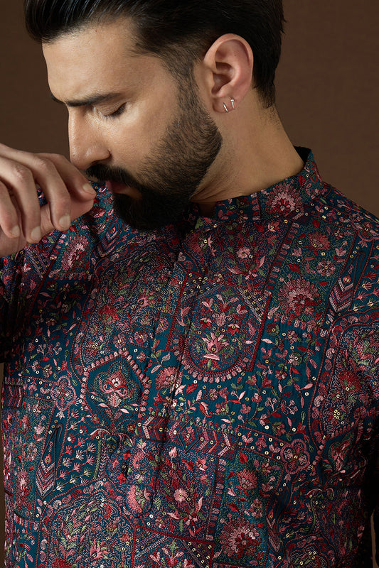 Ethnic Bay Mens Blue Georgette Solid Embroidered Kurta MKU1872
