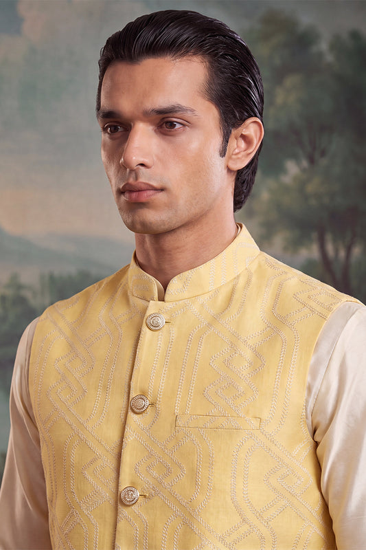 Ethnic Bay Mens Yellow Jacquard Woven Design Solid Koti MKOT1040