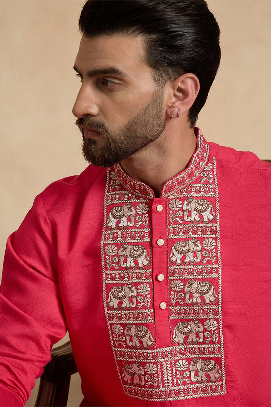Ethnic Bay Mens Pink Viscose Rayon Solid Embroidered Thread Work Kurta With Trouser MKSET2459