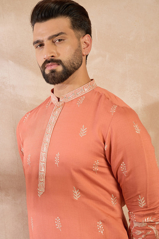 Peach Vartican Solid Embroidered Straight Kurta MKU1935
