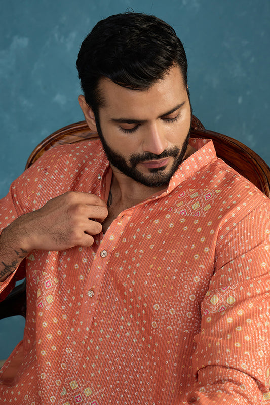 Ethnic Bay Mens Orange Linen Blend Bandhani Printed Kurta With Trouser MKSET2638