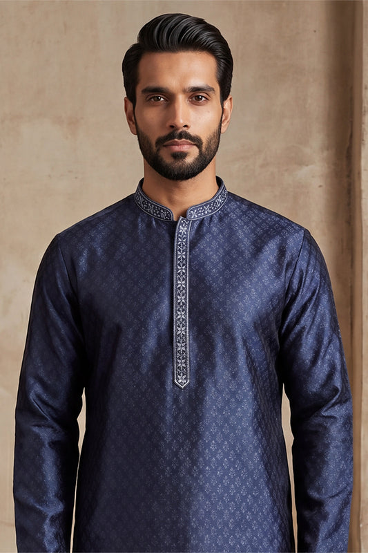 Ethnic Bay Mens Blue Jacquard Woven Design Straight Kurta With Trouser MKSET2227