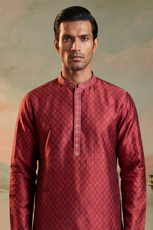 Ethnic Bay Mens Maroon Jacquard Woven Design Straight Kurta With Trouser MKSET2342