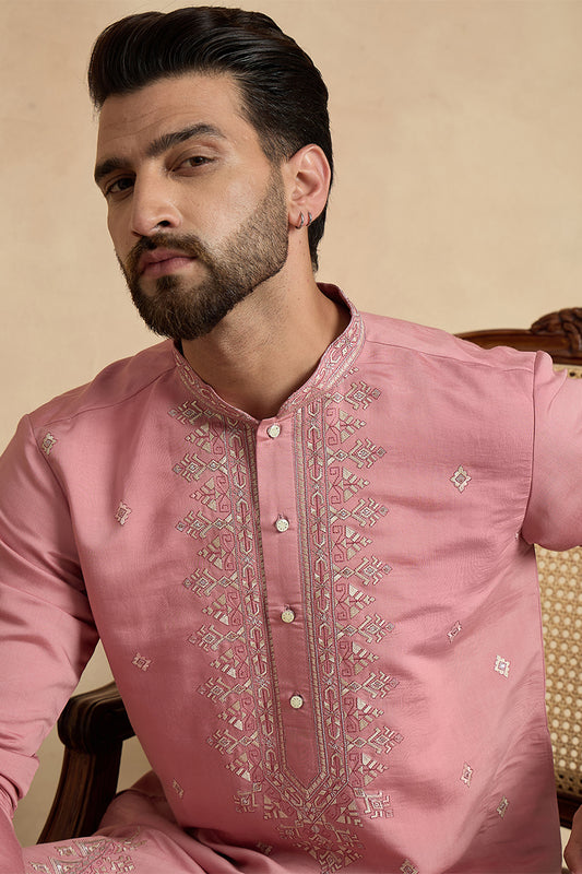Ethnic Bay Mens Pink Silk Blend Solid Embroidered Straight Kurta MKU2526