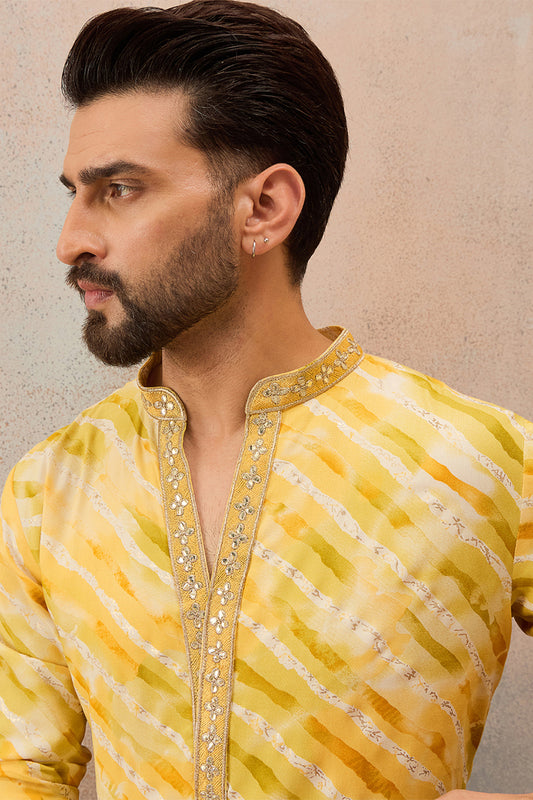 Ethnic Bay Mens Yellow Viscose Rayon Leheriya Printed Kurta MKU2756