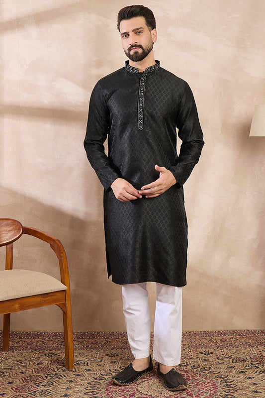 Black Silk Blend Solid Woven Design Straight Kurta With Trouser MKSET1854